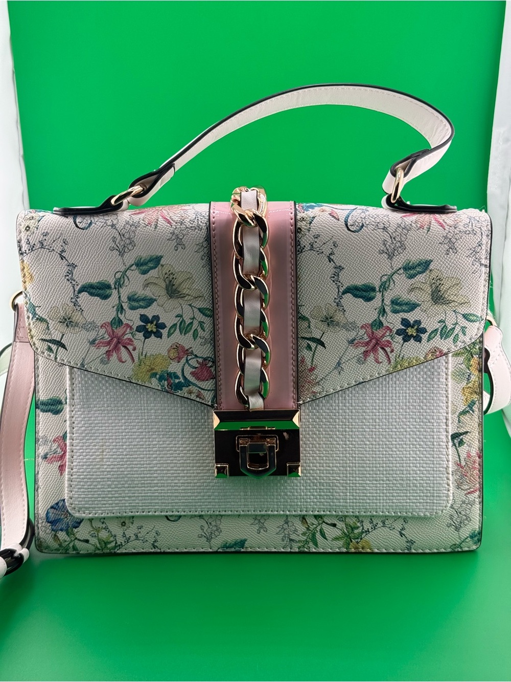 ALDO Floral Satchel Crossbody Bag White Pink Gold Chain